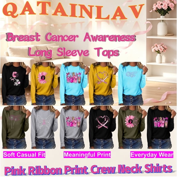QATAINLAV Today's Sales Long Sleeve Shirts for Women 2025 Fall Breast Cancer Awareness Sweatshirt Trendy Butterfly Graphic Print Tees Pink Ribbon Tops Black S