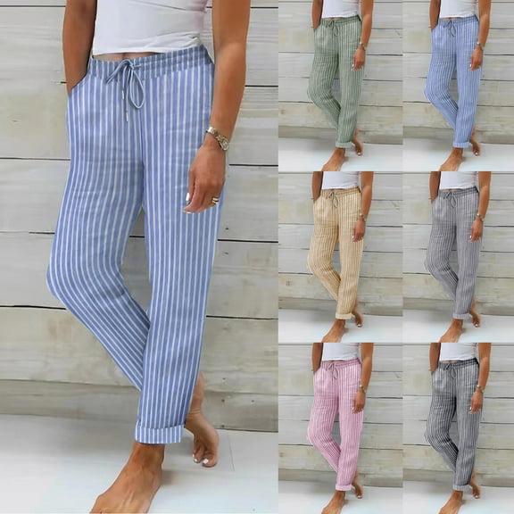 QATAINLAV Today's Sales! Women's Stripped Cotton Linen Pants Casual Drawstring Elastic High Waisted Summer Beach Pants Loose Straight Leg Lounge Pants with Pockets Gray S