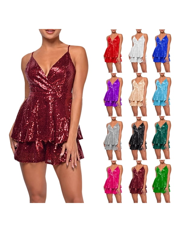 Womens Sequin Sleeveless Rompers Cute V Neck Glitter Jumpsuit Shorts Dressy Spaghetti Straps Backless Overalls Cocktail Evening Party Clubwear Light Blue M
