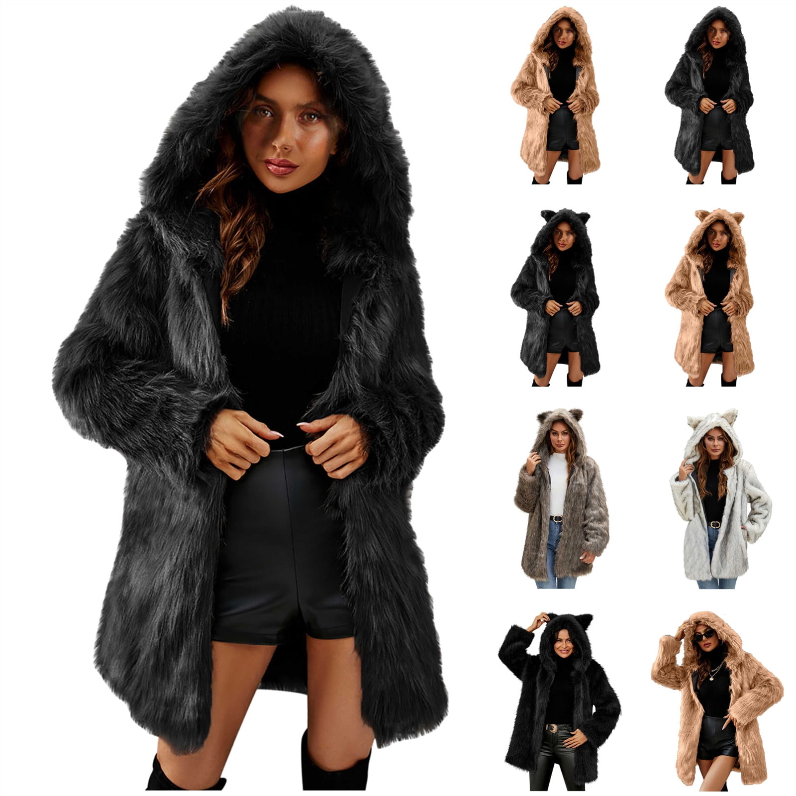 QATAINLAV Womens Winter Warm Faux Fur Coats Cute Bear Ear Hooded Shaggy Fluffy Jackets Ladies Clothes Outerwear, Khaki, M