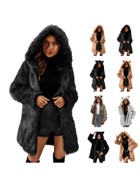 Womens Winter Warm Faux Fur Coats Cute Bear Ear Hooded Shaggy Fluffy Jackets Ladies Clothes Outerwear, Khaki, M
