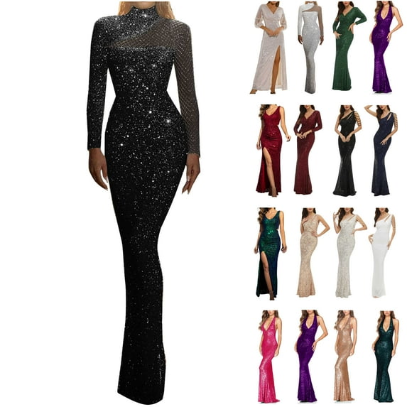 QATAINLAV Womens Long Sleeve Sequin Dress V Neck Formal Evening Dress Elegant Mermaid Wedding Party Gown Sparkly Maxi Dress Pink M