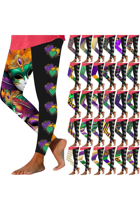 Weekly Sale Mardi Gras Leggings for Women, 2025 Carnival Theme Printed Legging Trousers Casual High Waisted Workout Yoga Pants Full Length Milk Silk Soft Tights Multicolor L