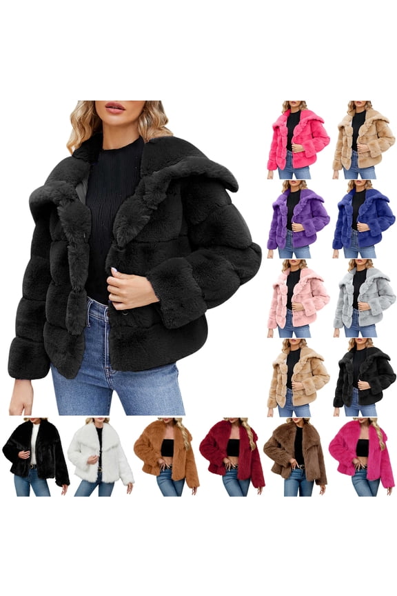 Womens Faux Fur Coat Fleece Cropped Lapel Jacket Long Sleeve Plush Warm Thickening Coats Warm Winter Open Front Jackets, Khaki, XXL