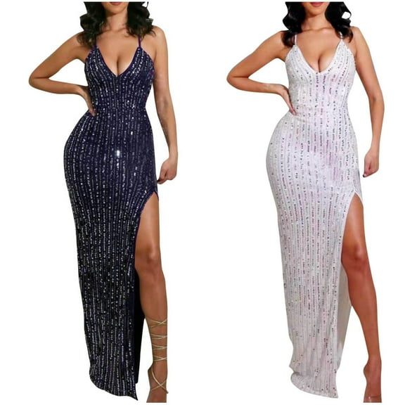 QATAINLAV Todays Sales Womens Spaghetti Straps Sequin Maxi Dress Elegant Backless Split Bodycon Glitter Evening Gown Fashion Glitter Wedding Guest Dresses Blue XL