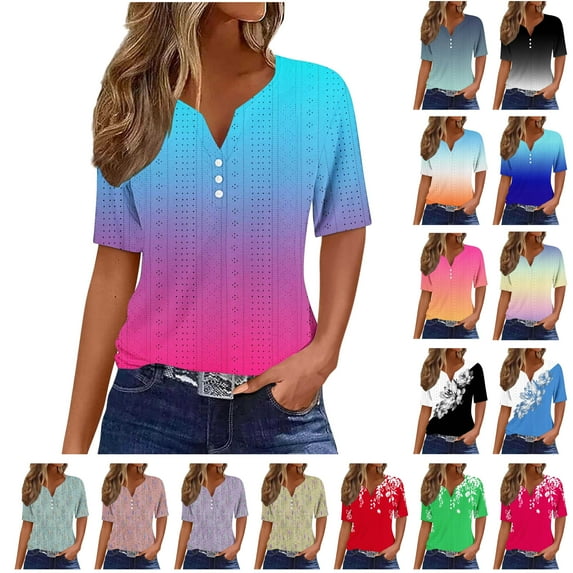 QATAINLAV Tops for Women 2025 Fashion Print Summer Beach Tshirts Casual Button V Neck Henley Shirts Loose Eyelet Embroidery Short Sleeve Blouses Today Sales Gray L