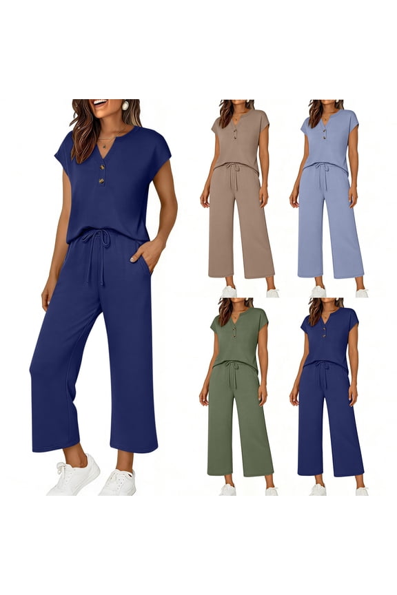 Travel Outfits for Women 2 Piece Sets Summer Short Sleeve Button V Neck Tops and Drawstring Wide Leg Pants Vacation, Navy, M