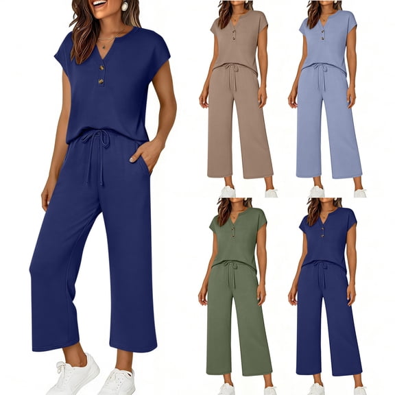 QATAINLAV Travel Outfits for Women 2 Piece Sets Summer Short Sleeve Button V Neck Tops and Drawstring Wide Leg Pants Vacation, Navy, M