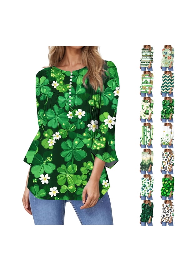 Tunic Shirts for Women Loose Button Henley Neck 3/4 Bell Sleeve T-Shirts St Patricks Day Holiday Tops Shamrock Graphic Irish Shirt Green XXL