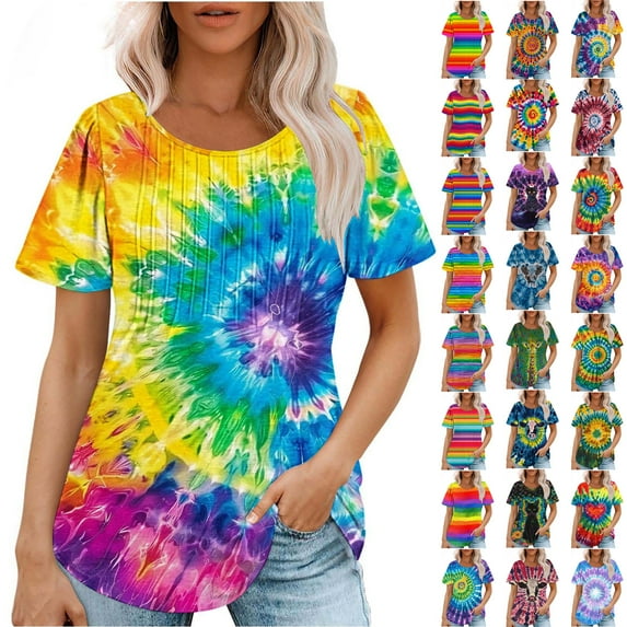 QATAINLAV Tunic Tops for Women Loose Fit Dressy Casual Blouses Short Sleeve Pleated Rainbow Tshirts 2025 Fashion Summer Tees Shirt Multicolor L Today's Lightning Sales