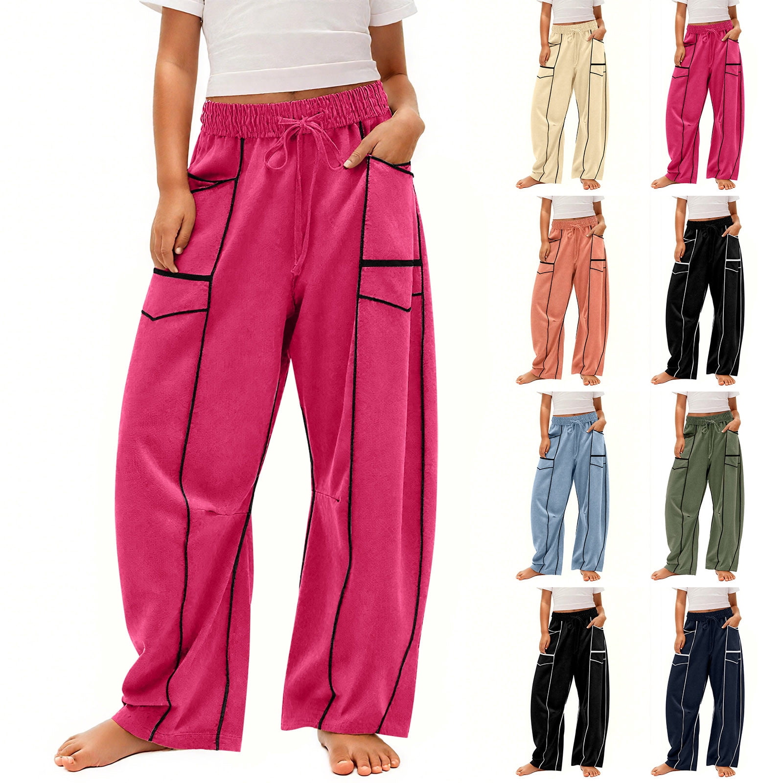 Women's Wide Leg Sweatpants - High Waisted Drawstring Lounge Pants With Patchwork Design & Pockets