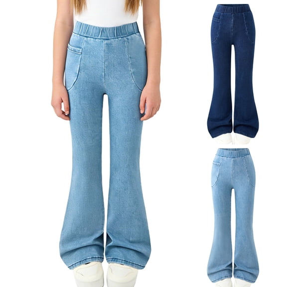 QATAINLAV Tween Girls Flare Jeans Long Bell Bottom Denim Pants Slim Leggings Elastic Waisted Wide Leg Boyfriend Jeans for Kids Dark Blue,8-9Years