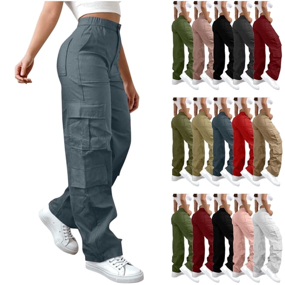 QATAINLAV Twill Cargo Pants for Women Loose Wide Leg Comfy Hiking Pant Casual Flap Pocket Solid Work Trousers Fall Clothes, White, L