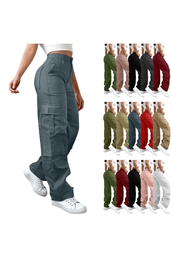 Twill Cargo Pants for Women Loose Wide Leg Comfy Hiking Pant Casual Flap Pocket Solid Work Trousers Fall Clothes, White, L