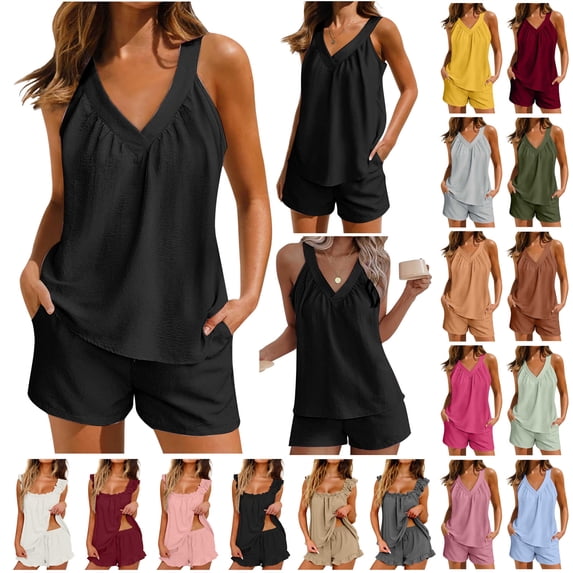 QATAINLAV Two Piece Lounge Sets for Women Sleeveless V Neck Tank Tops Shorts Soft Pajama Set with Pockets Summer Solid Color Pjs Outfits, Beige, XL