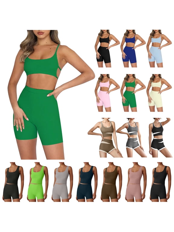 Two Piece Outfit for Women's Yoga Workout Sets High Waisted Leggings Biker Shorts Matching Sports Backless Bra Gym Fitness Solid Clothes Tracksuit