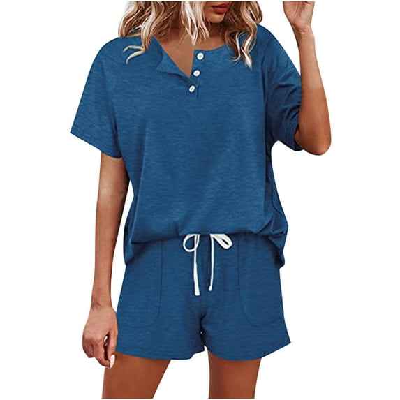 QATAINLAV Two-Piece Outfits for Women 2024 Short Sleeve V Neck Shirts and Shorts Lounge Set Loose Casual Drawstring Shorts Suits With Pockets Lightning Sales Blue M