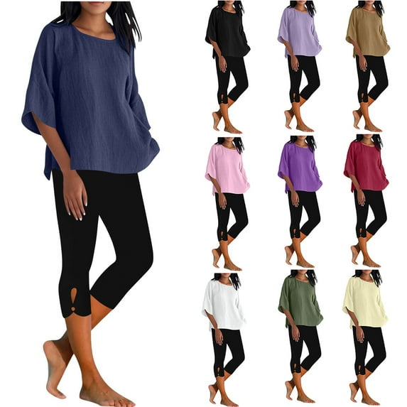 QATAINLAV Two Piece Sets for Women 3/4 Sleeve Crewneck Linen Tunic Tops and Hollow Out Capri Leggings Solid Color Casual Lounge Set Army Green XXXL Ofertas Relampago de Hoy