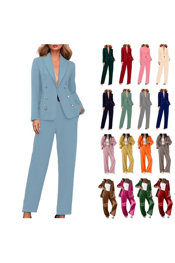 Two Piece Sets for Women Dressy Long Sleeve Button Blazer Jacket and Straight Leg Pants Suit Buisness Casual Outfits, Navy, L
