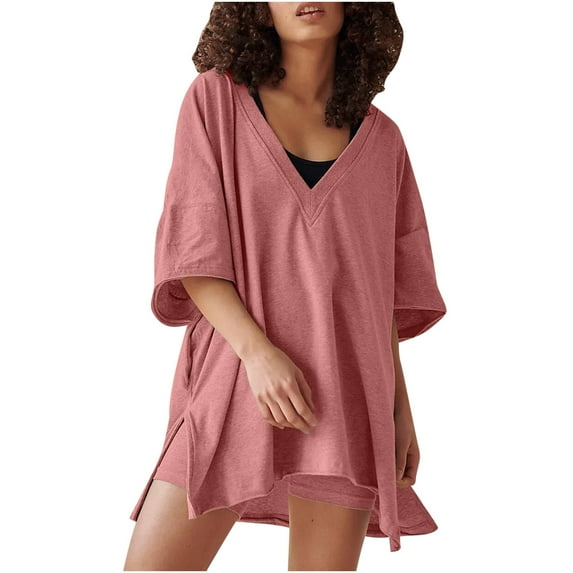 QATAINLAV Two Piece Sets for Women Loose Oversized V Neck T-Shirts Tops and Biker Shorts Sets Summer Basic Solid Color Lounge Workout Outfits Lightning Sales Today Pink M