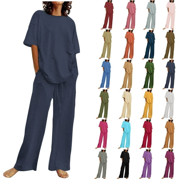 QATAINLAV Two Piece Sets for Women Oversized Loose Short Sleeve Shirts and Wide Leg Pants Lounge Set Plus Size Solid Linen Top Matching Trousers Outfits Mothers Day Gifts Navy XXL