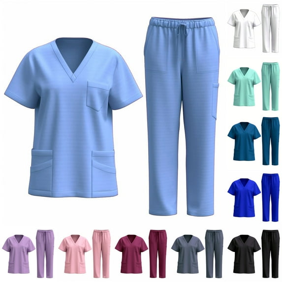 QATAINLAV Two Piece Sets for Women Short Sleeve V Neck Scrubs Set Solid Casual Nursing Uniform T-Shirts and Wide Leg Pants Work Outfits with Pockets Purple S Vacation Sales