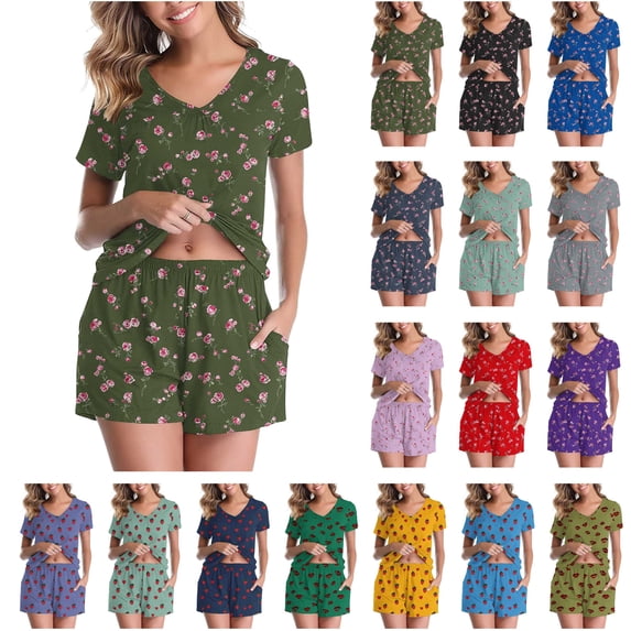 QATAINLAV Two Piece Sets for Women Casual V Neck Short Sleeve T Shirts and Shorts Matching Set Fashion Printed Pajamas Outfits Mint Green, XL