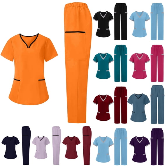 QATAINLAV Two Piece Sets for Women Summer Short Sleeve Scrubs Set Casual V Neck Scrub Tops and Wide Leg Work Pants with Pockets Wine XXL