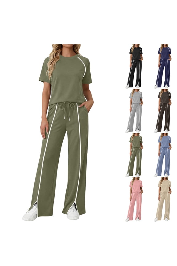 Two Piece Sets for Women Summer Workout Outfits Mock Neck Short Sleeve Tees Tops and Side Slits Wide Leg Pants Matching Sweatsuit Black XXL