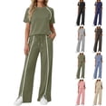 thumbnail image 1 of QATAINLAV Two Piece Sets for Women Summer Workout Outfits Mock Neck Short Sleeve Tees Tops and Side Slits Wide Leg Pants Matching Sweatsuit Navy S, 1 of 8