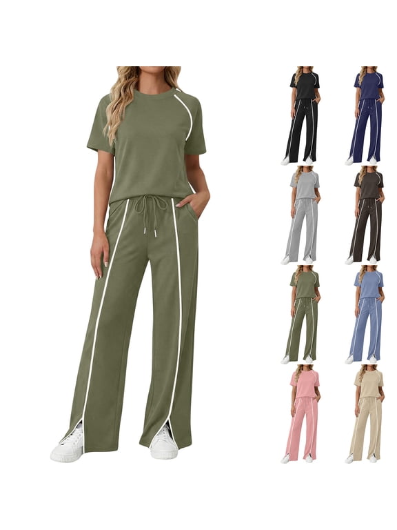 Two Piece Sets for Women Summer Workout Outfits Mock Neck Short Sleeve Tees Tops and Side Slits Wide Leg Pants Matching Sweatsuit Navy S