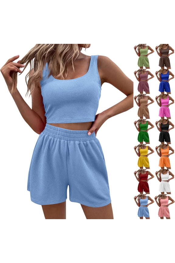 Two Piece Summer Outfits for Women 2026 Sleeveless Workout Crop Tank Tops and High Waisted Shorts Lounge Matching Sets Coffee S