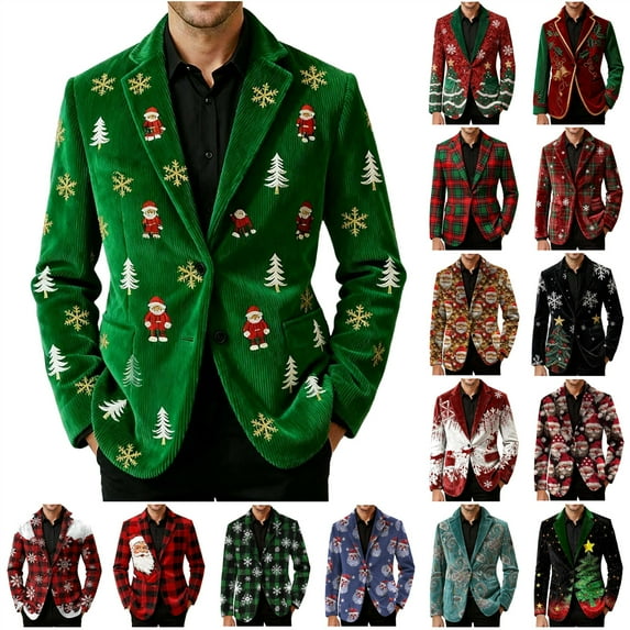 QATAINLAV Ugly Christmas Blazer for Men Corduroy Business Casual Outfits Xmas Print Holiday Party Suit Jacket, Wine, XXXXL