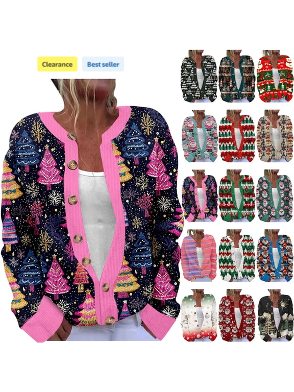 Multicolor Ugly Christmas Cardigan for Women Plus Size Button Down Long Sleeve Knitted Sweaters Xmas Funny Print Open Front Jacket, L