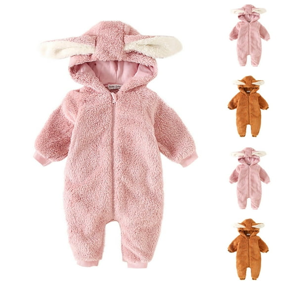QATAINLAV Unisex Baby Cute Bunny Ears Hood Jumpsuit Newborn Sherpa Fleece Onesie Snowsuit Girls Boys Winter Warm Plush Romper with Zipper, Pink, 12 Months