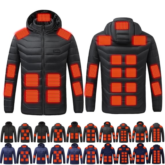 QATAINLAV Unisex Heated Jackets with Detachable Hood Solid Color Zip Up Electric Warming Puffer Jacket 26 Heating Zones Clothing for Hunting Black XS,
