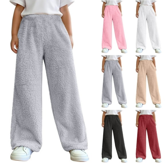 QATAINLAV Unisex Kids Fuzzy Fleece Pants Boys Girls Soft Cozy Fluffy Wide Leg Pant Casual Elastic Waist Plush Pajama Bottoms Loungewear, White, 12-13Years
