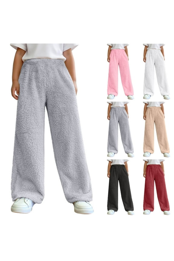 Unisex Kids Fuzzy Fleece Pants Boys Girls Soft Cozy Fluffy Wide Leg Pant Casual Elastic Waist Plush Pajama Bottoms Loungewear, White, 12-13Years