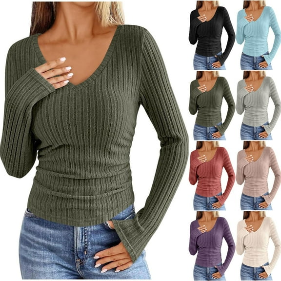 QATAINLAV V Neck Sweaters for Women Lightweight Ribbed Knit Long Sleeve Shirts Casual Slim Fit Tops, Army Green, S