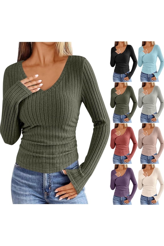 V Neck Sweaters for Women Lightweight Ribbed Knit Long Sleeve Shirts Casual Slim Fit Tops, Army Green, S