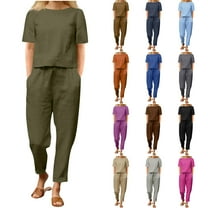 QATAINLAV Vacation Sales! 2 Piece Outfits for Women Summer Cotton Linen Casual Matching Set Solid Short Sleeve T Shirts and Long Pants with Pockets Blue L