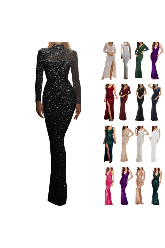 Vacation Sales Women's Long Sleeve Sequin Evening Dress Glitter Side Split Formal Cocktail Party Dresses for Wedding Guest Silver S