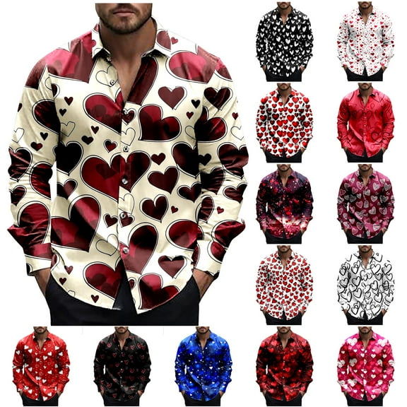 QATAINLAV Valentine's Day Hawaiian Shirt for Mens Relaxed-Fit Long Sleeve Button Down Shirts Novelty Heart Print Vacation Tops Going Out Outfits White XL Weekly Sale