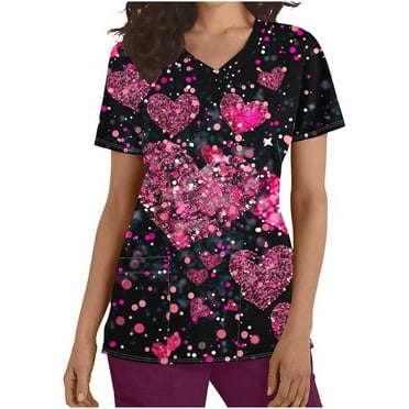 QATAINLAV Valentines Tops for Women Love Heart Graphic Printed Stretchy Scrubs V Neck Short Sleeve Nursing Working Uniform Blouse with Pockets on Sale Hot Pink XL