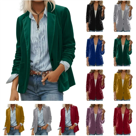 QATAINLAV Velvet Blazer for Women Vintage Notched Lapel Office Business Casual Work Tops Button Front Fake Pocket Suit Jackets, Wine, XXL