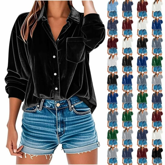 QATAINLAV Velvet Button Down Shirts for Women Long Sleeve Notch V Neck Casual Velour Tops Ladies Fall Dressy Work Blouses, White, XXXL