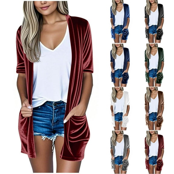 QATAINLAV Velvet Cardigan Sweater for Women with Pocket Casual Half Sleeve Open Front Cardigans Fall Velour Sweaters Elegant Coat, Brown, XXL
