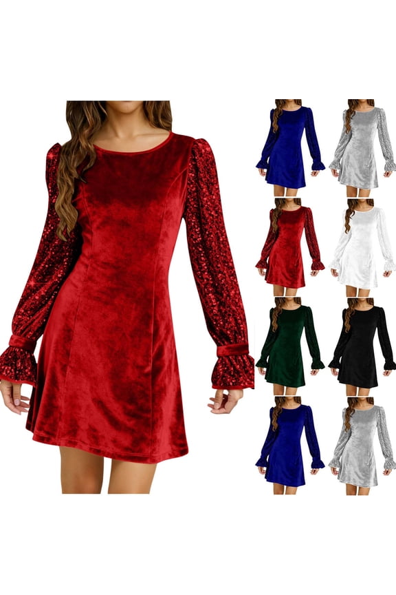 Velvet Dress for Women Fashion Sequin Puffer Long Sleeve Dresses Solid Color Holiday Party Clothes, Red, XXL