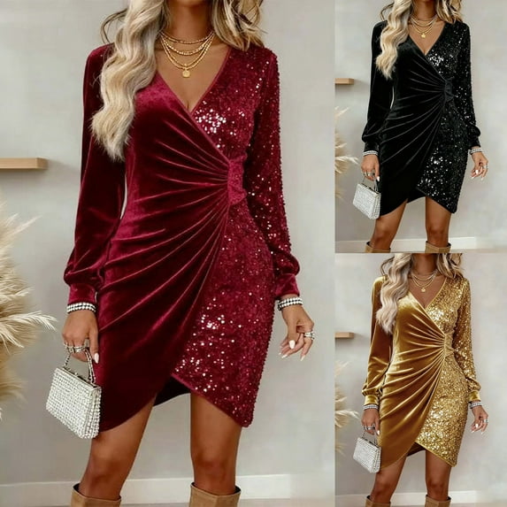 QATAINLAV Velvet Dress for Women Sparkly Sequin Wrap Mini Dresses Long Sleeve V Neck Ruched Bodycon Pencil Dress, Wine, XL