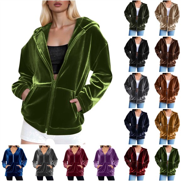 QATAINLAV Velvet Hoodies for Women Casual Full Zip Long Sleeve Sweatshirts Solid Color Loose Fall Winter Warm Hooded Jakcets with Pockets, Brown, L, Mother's Day Gifts!
